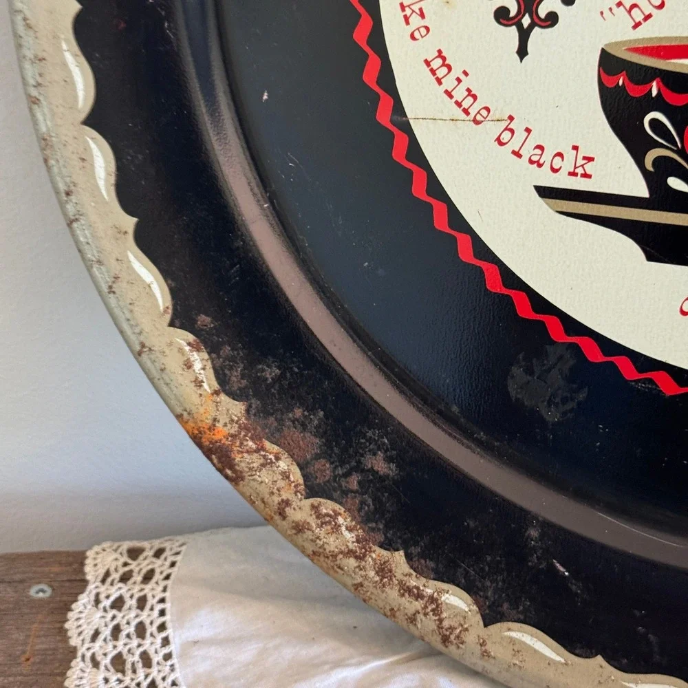 Vintage Kaffee Klatch Folk Art Metal Serving Tray Black Red Heart MCM Folk Art